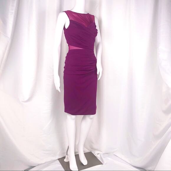 Halston Heritage Purple Ruched Bodycon & Mesh Cutout Cocktail Dress Size XS NWT - Picture 1 of 16